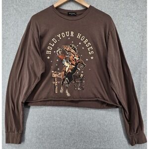 Zutter Brown Cowgirl‎ Graphic T-Shirt Women's M Cropped Western Horses Y2K USA